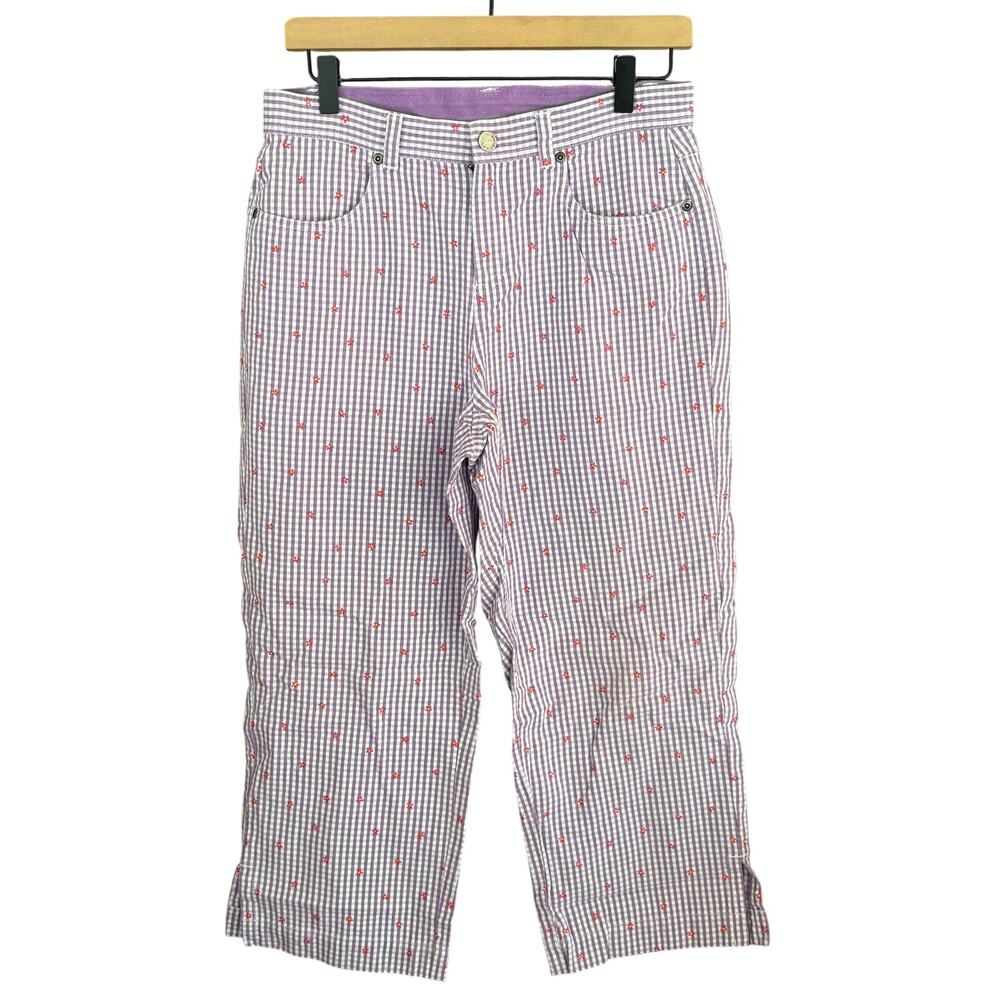 Vintage Liz Claiborne Gingham Plaid Crop Pants 8 Purple Pink Floral Coastal Prep